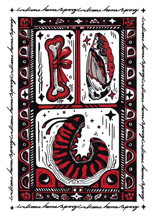 Decorative card with red and black designs on a white background