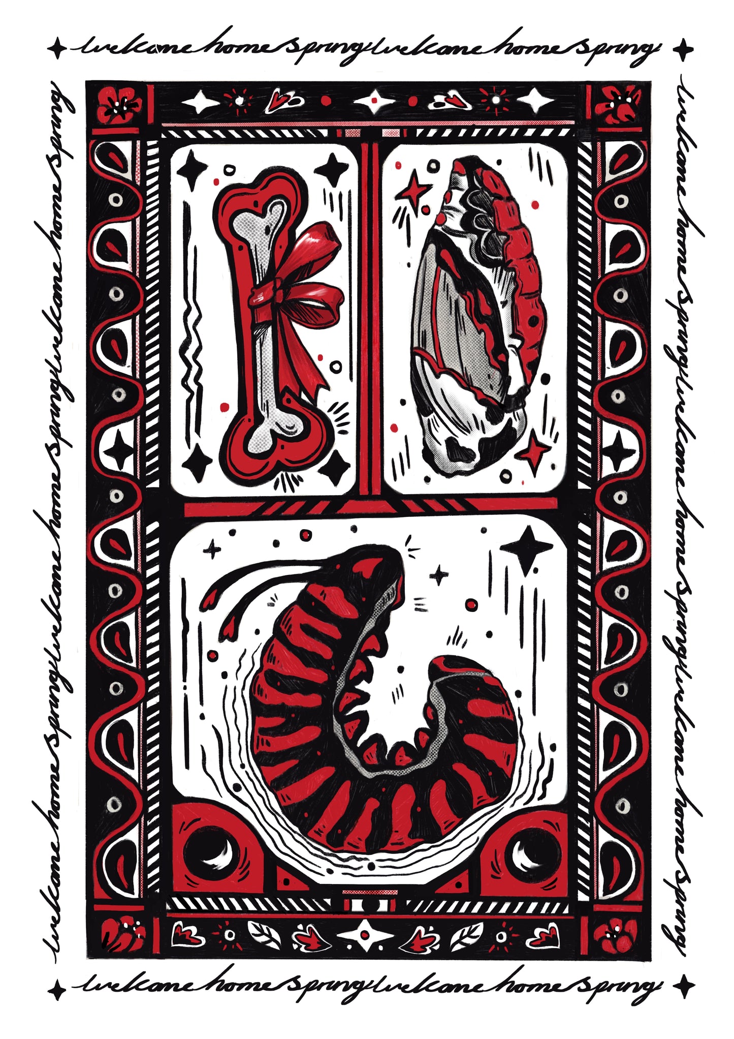 Decorative card with red and black designs on a white background