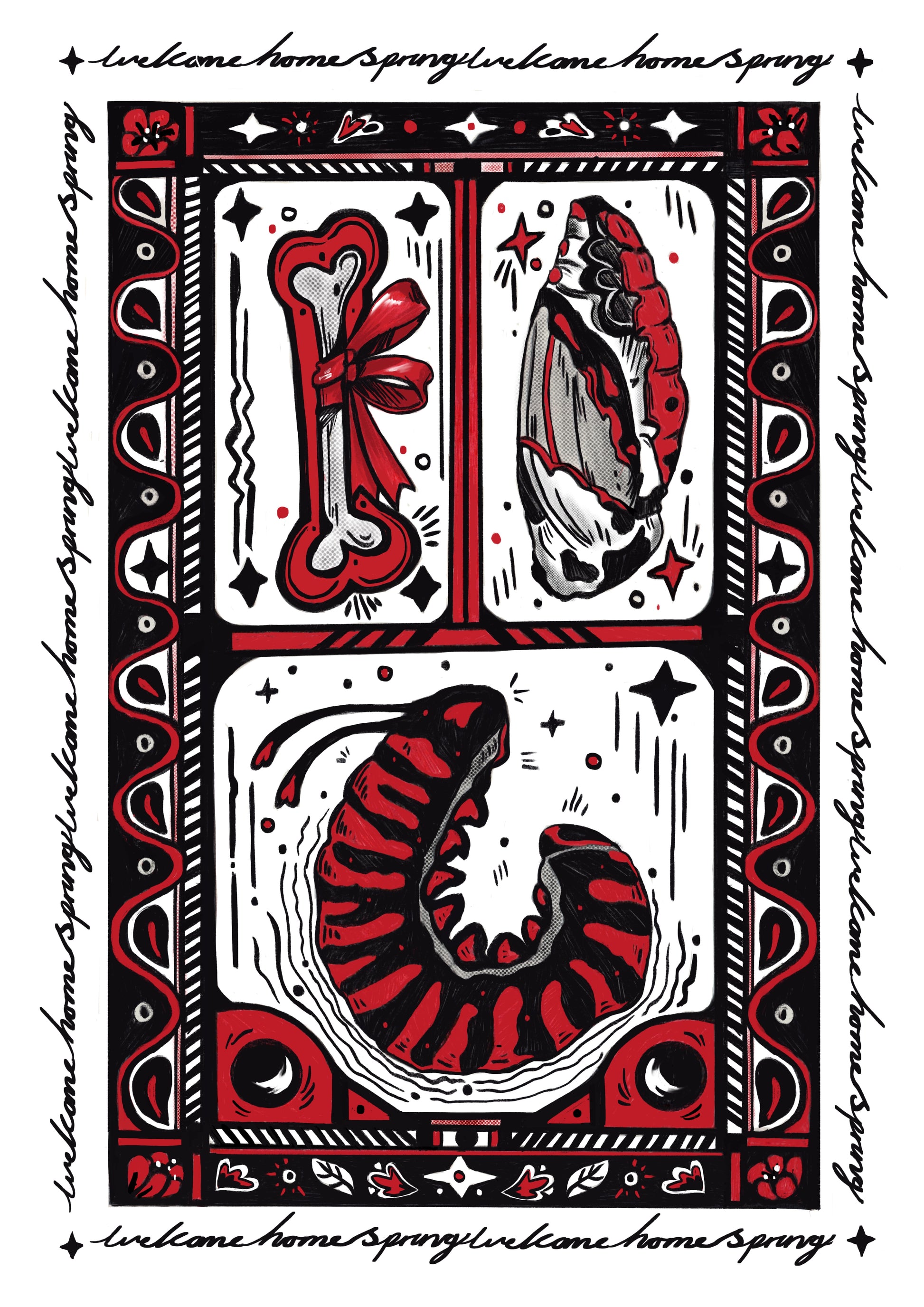 Decorative card with red and black designs on a white background