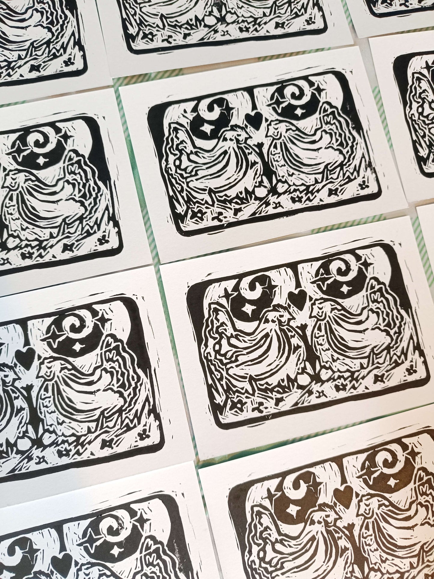 Kissing Chickens Linocut Postcard Print