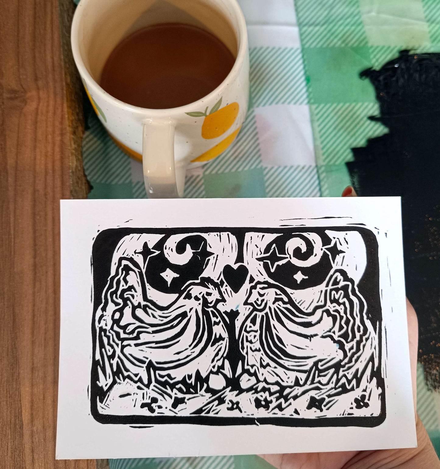 Kissing Chickens Linocut Postcard Print