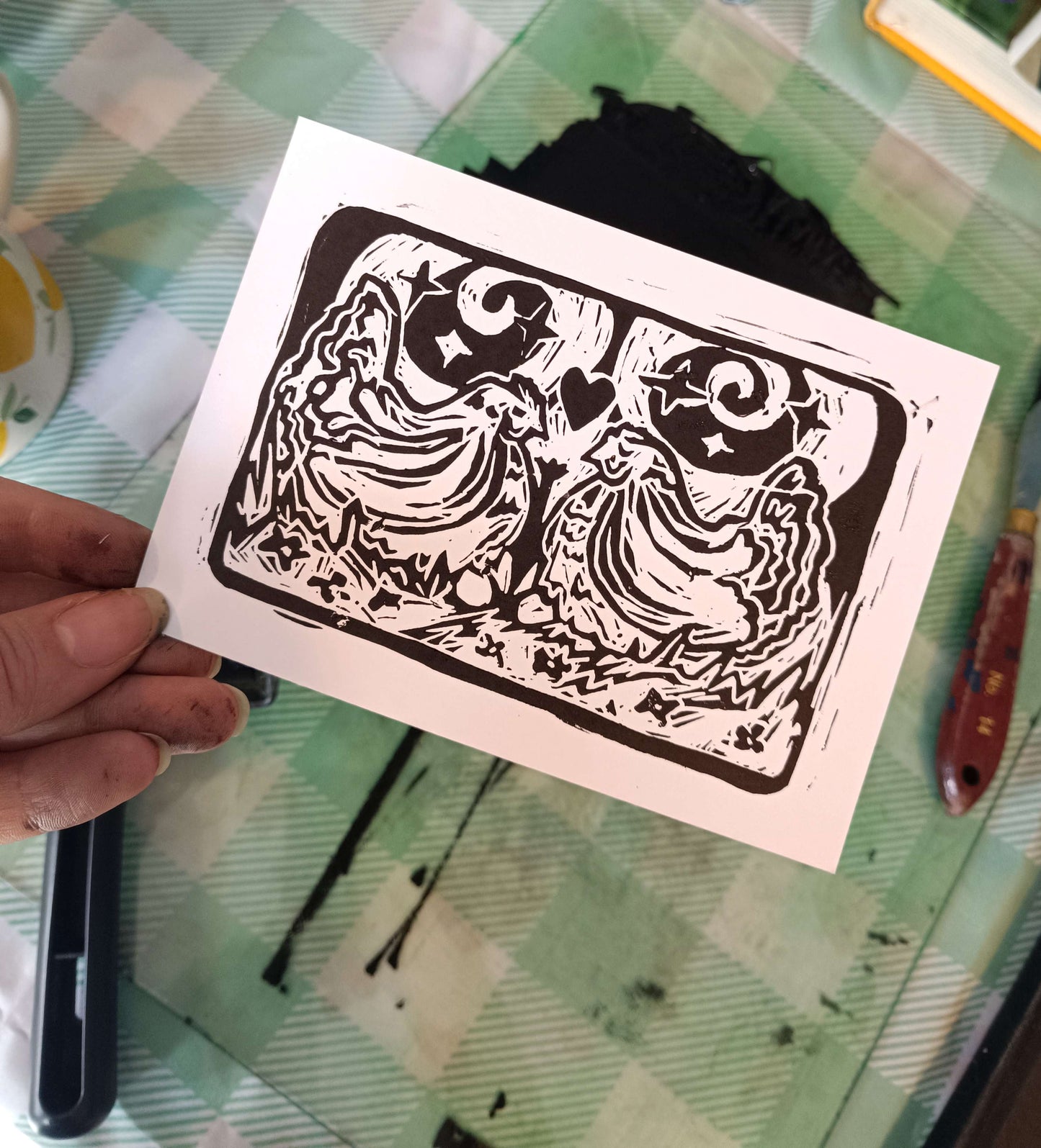 Kissing Chickens Linocut Postcard Print