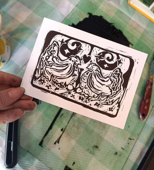 Kissing Chickens Linocut Postcard Print
