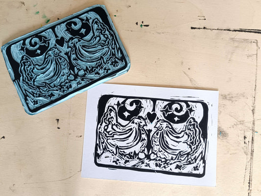 Kissing Chickens Linocut Postcard Print