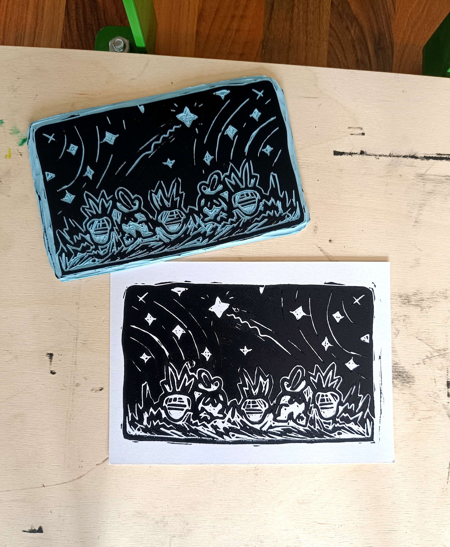 Rabbits Stargazing Linocut Postcard Print