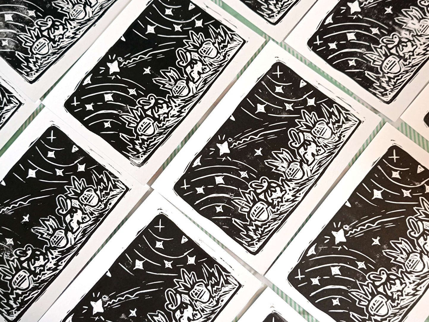 Rabbits Stargazing Linocut Postcard Print