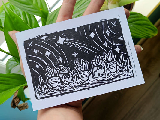 Rabbits Stargazing Linocut Postcard Print