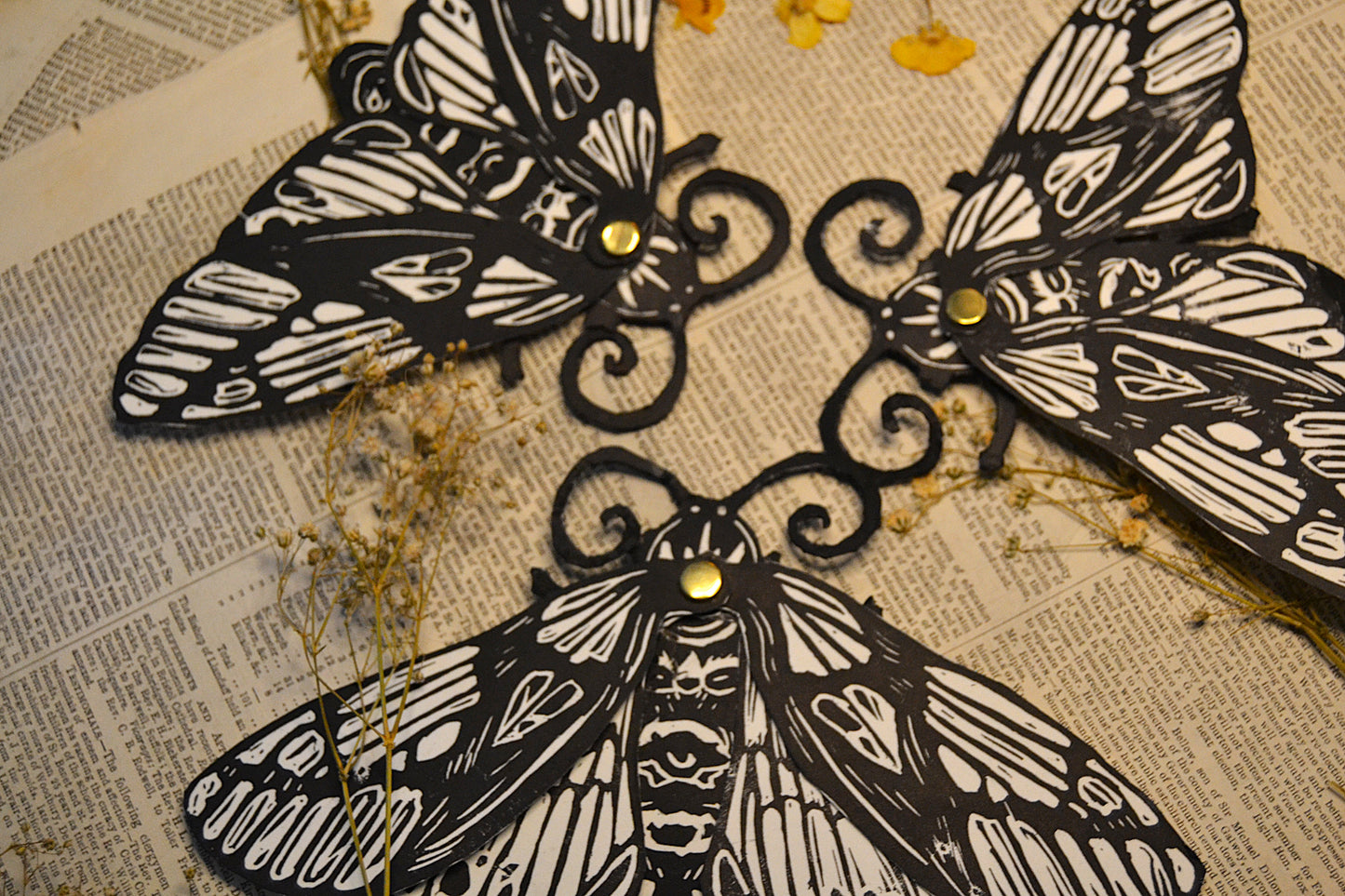 Black and white Moth designs on a textured surface